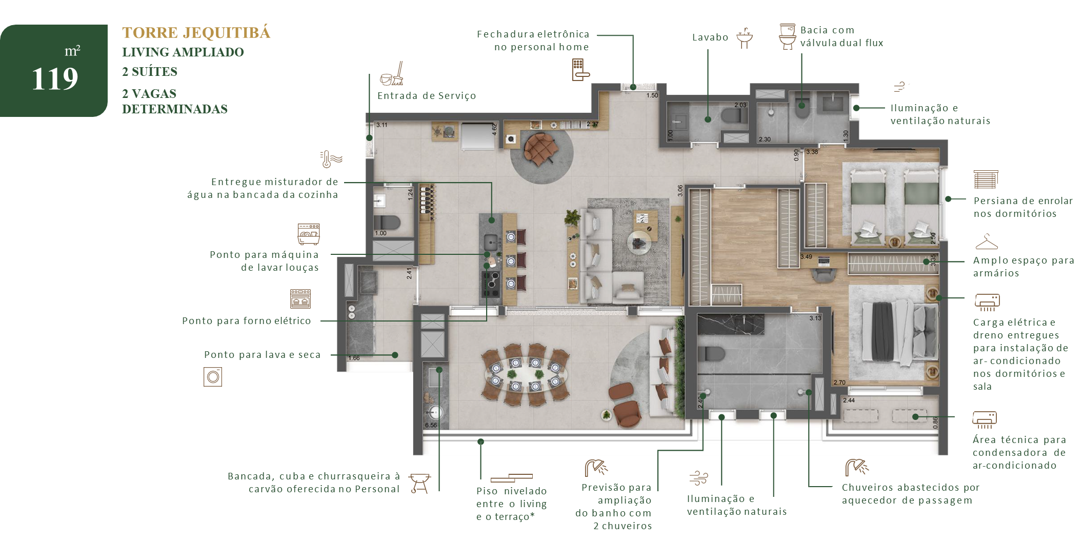 Planta De 119 M², Living Ampliado, 2 Suítes, Do Raízes Mooca Reserve. Sugestão De Planta, Imagem Ilustrativa.