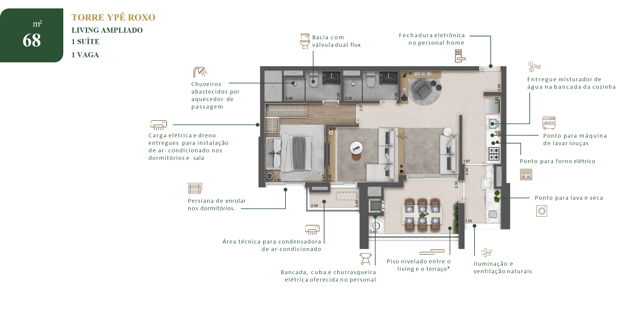 Planta De 68 M², Living Ampliado, 1 Suíte, Do Raízes Mooca Reserve. Sugestão De Planta, Imagem Ilustrativa.