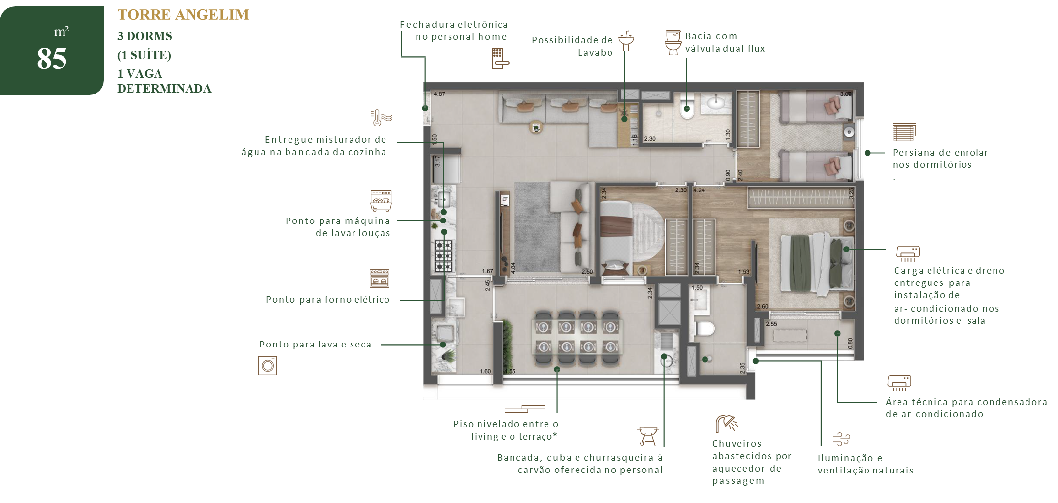 Planta De 85 M², 3 Dormitórios, 1 Suíte, Do Raízes Mooca Reserve. Sugestão De Planta, Imagem Ilustrativa.