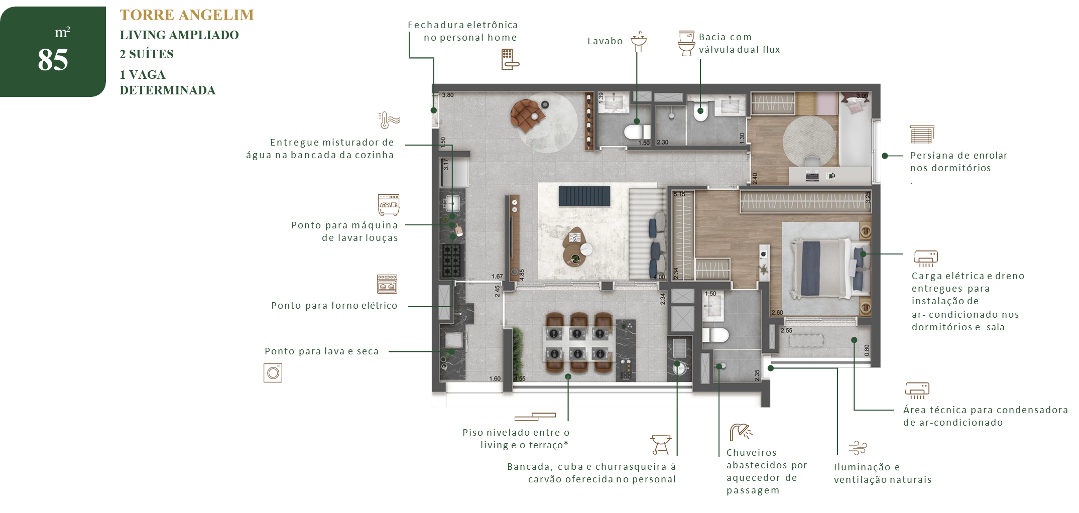Planta De 85 M², Living Ampliado, 2 Suítes, Do Raízes Mooca Reserve. Sugestão De Planta, Imagem Ilustrativa.